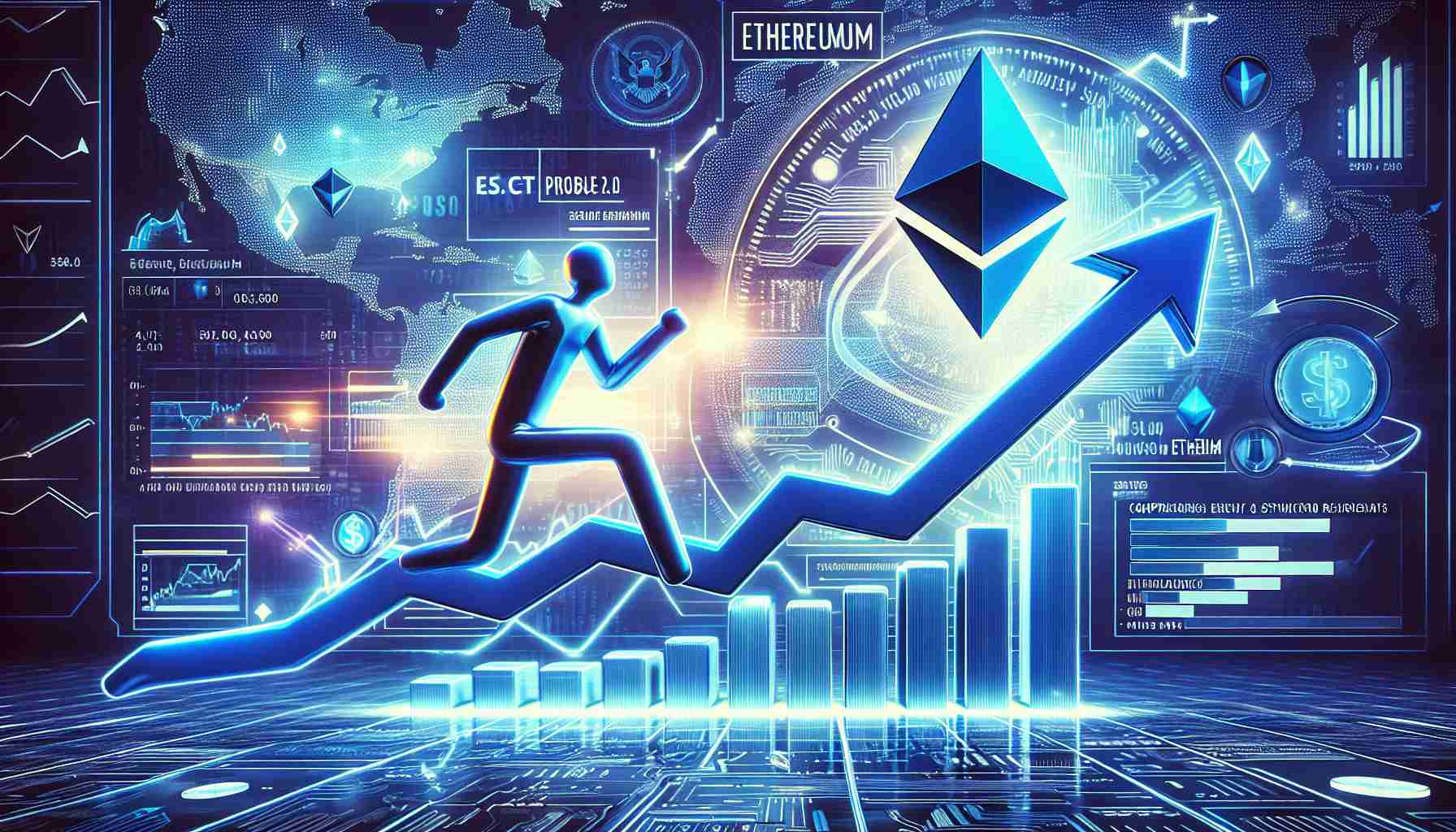 Generate a realistic HD image that depicts the concept of Ethereum soaring symbolically, following the hypothetical end of an SEC probe into Ethereum 2.0. Show a dynamic graph with a steep increase to represent the significant value increase of Ethereum. In the backdrop, illustrate a symbolic representation of the SEC probe being concluded. However, keep identities and specific visual representations of the SEC or any other regulated bodies out of the image.