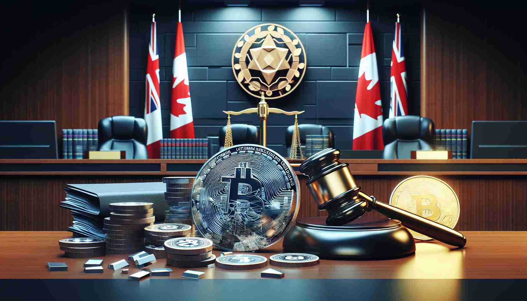 A realistic, high definition digital rendering depicting a concept where a renowned cryptocurrency exchange platform challenges an anti-money laundering fine in a Canadian court. The scene could involve symbolic elements such as a gavel, a stylised digital coin associated with the platform, legal documents, and a court backdrop with Canadian iconography, all set in a decidedly modern aesthetic environment.