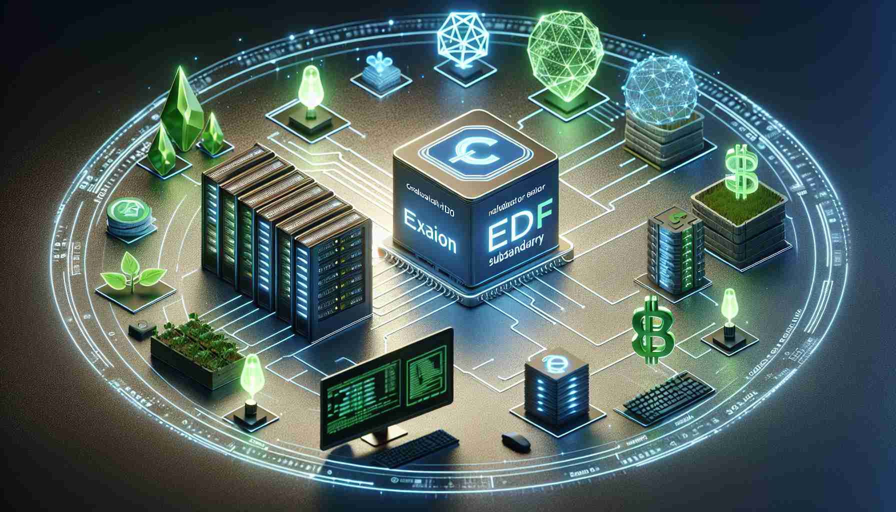 Create a detailed and realistic HD representation that showcases an EDF subsidiary named Exaion, which has become a validator on a blockchain network called Cronos. To display the company's focus on energy-efficient digital solutions, include visual elements such as computer servers, green energy symbols, and blockchain graphics.