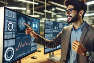 Realistic HD photo of a blockchain visionary, who is a South Asian male, discussing the future of decentralized software. The man is in a modern office setting, surrounded by computer screens displaying various data charts. He is pointing at one of the screens, enthusiastically explaining a concept. His attire is casual smart, with a neat beard and glasses.