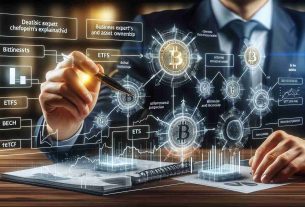 A realistic high definition image of a business expert's perspective on Bitcoin ETFs and Asset Ownership, demonstrating a detailed theoretical explanation with relevant diagrams. The image could include diagrams of how bitcoins move through the process or visual representations of asset ownership intertwined with the modern cryptocurrency market.