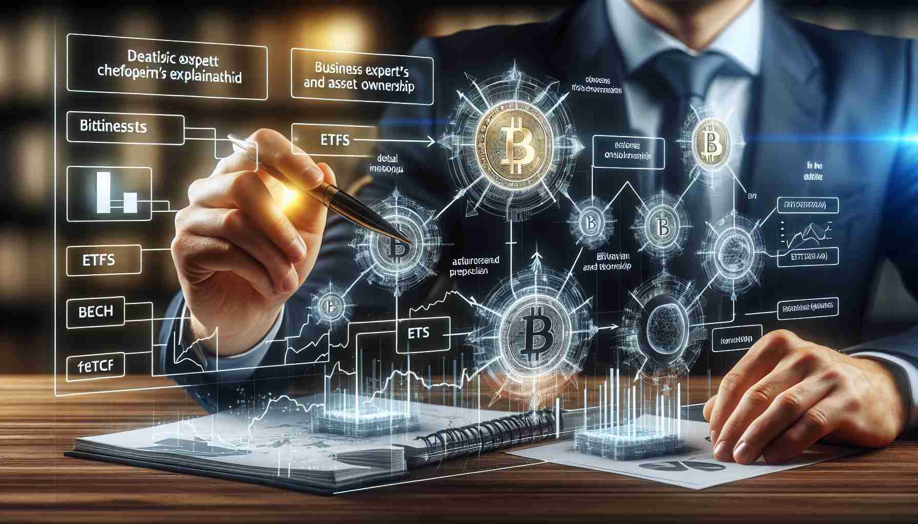 A realistic high definition image of a business expert's perspective on Bitcoin ETFs and Asset Ownership, demonstrating a detailed theoretical explanation with relevant diagrams. The image could include diagrams of how bitcoins move through the process or visual representations of asset ownership intertwined with the modern cryptocurrency market.