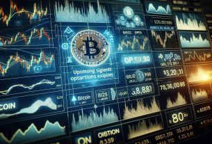 A detailed, high-definition illustration of a stock trading screen featuring Bitcoin and various cryptocurrency options. The chart graphics should indicate an upcoming significant options expiry, symbolizing increased volatility. The image should capture elements of urgency and anticipation, emphasizing the atmosphere of the financial trading world.