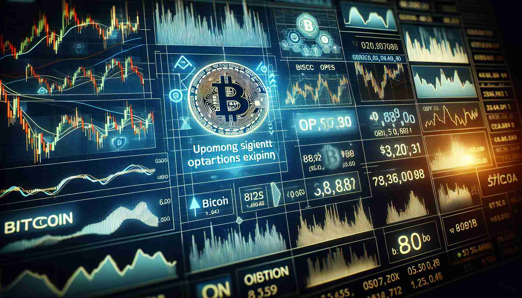 A detailed, high-definition illustration of a stock trading screen featuring Bitcoin and various cryptocurrency options. The chart graphics should indicate an upcoming significant options expiry, symbolizing increased volatility. The image should capture elements of urgency and anticipation, emphasizing the atmosphere of the financial trading world.