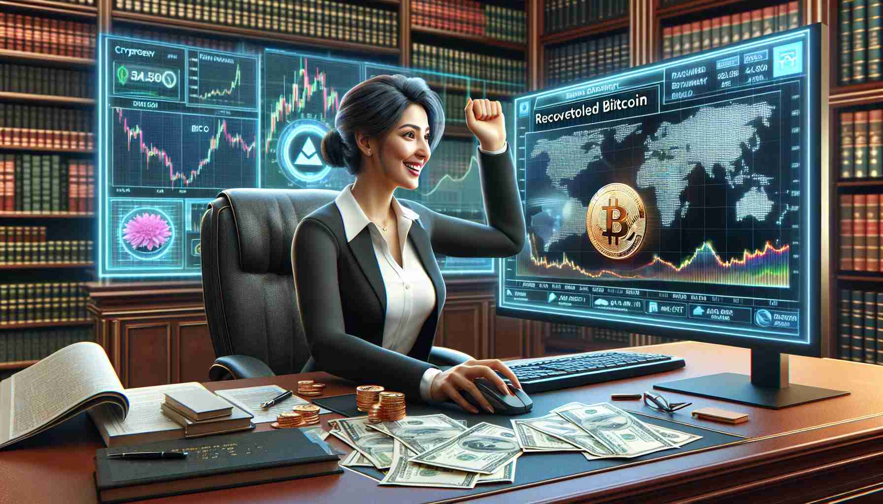 A highly detailed, realistic image portraying the theme of Triumph Over Adversity in the digital age. Depict a South Asian lady financial advisor in professional attire, sitting behind a computer screen filled with stock charts, cryptography symbols, and Bitcoin logos, indicating recovery of stolen Bitcoin. She has a triumphant smile on her face and her hand on the mouse, pointing towards the recovered data. The room should reflect a professional environment with various financial paper works and books around her.