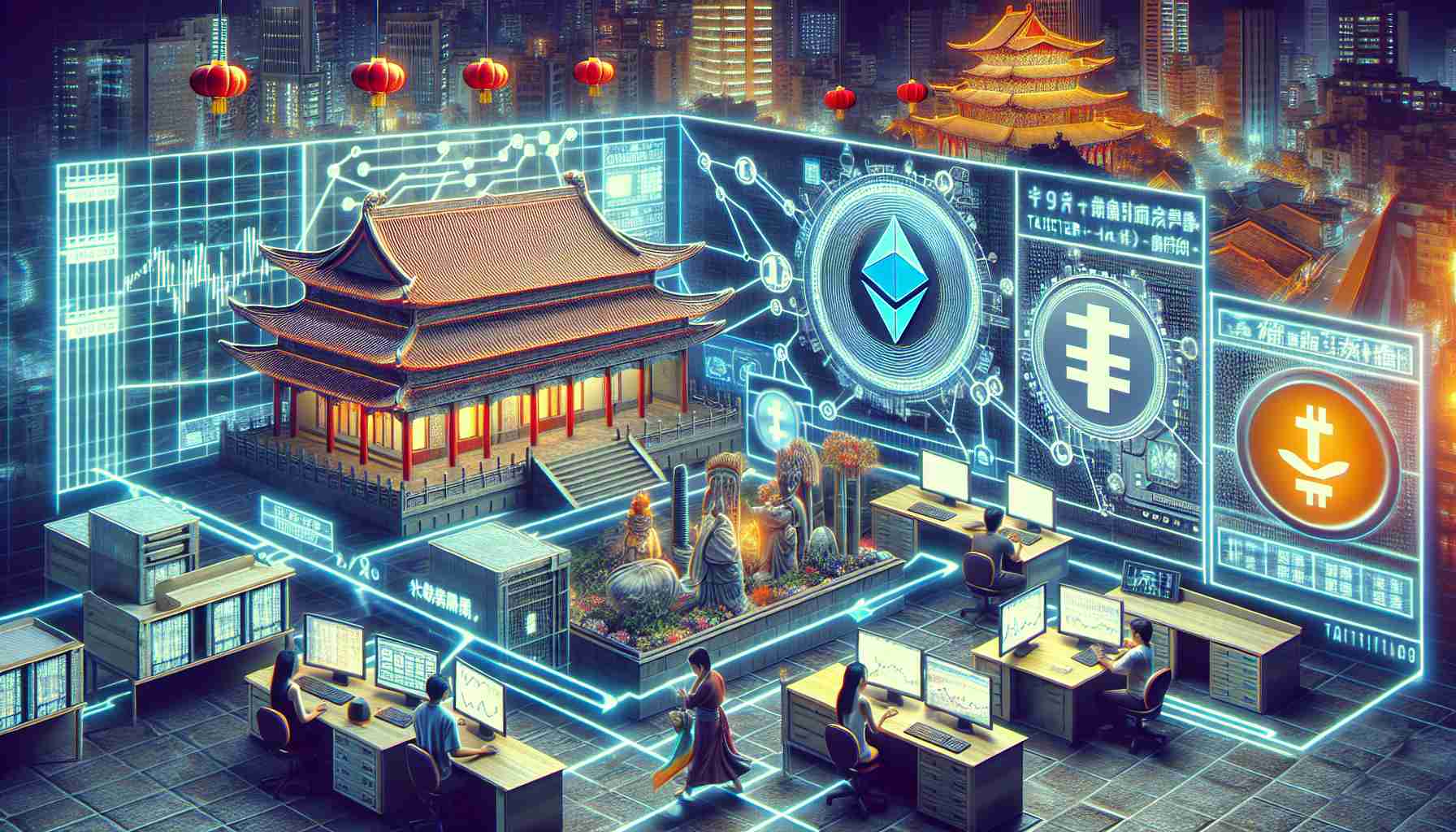 A high-definition realistic image set in Taiwan, showing the progress of Blockchain technology. Fill the scene with signs of technological advancement including data centers, people working on computers, and digital screens displaying cryptocurrency charts, specifically tether. Also include traditional motifs and landmarks of Taiwan to accentuate the location.