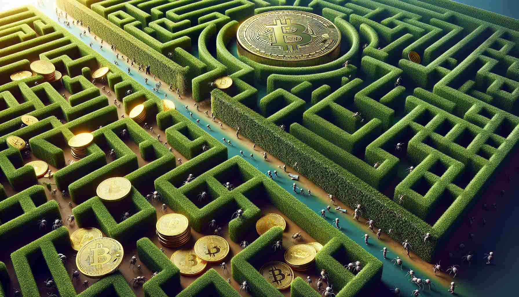 A High-Definition, realistic image depicting the juxtaposition of two concepts: 'Hedge Funds' and 'Bitcoin Short Positions'. On one side, there is an aerial view of a dense, lush hedge maze, symbolizing the complexity and intricacies of hedge funds. It's intricate paths and confusing routes demonstrate the organization and control associated with these financial entities. On the other side, a pile of golden bitcoins shrinking in size, symbolizing the 'short positions'. There should be tiny individuals, ant-size, hurrying back and forth from the hedge maze to the shrinking pile of bitcoins. In the background, subtly represented, is the steady influx of funds symbolized by small envelops moving towards the maze.