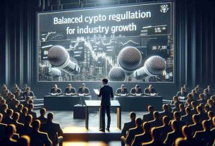 Realistic HD image representation of a well-known cryptocurrency co-founder advocating for balanced regulation for industry growth. This image captures the essence of the speaker's passion about the topic, without containing any specific information about their identity. The image should showcase a detailed conference setting, with a person standing at a podium pouring over notes, with a several microphones poised in front of them. A large screen behind displays the words 'Balanced Crypto Regulation for Industry Growth' as a title for the talk. The room also features dim lights and audience is shadowed in background.