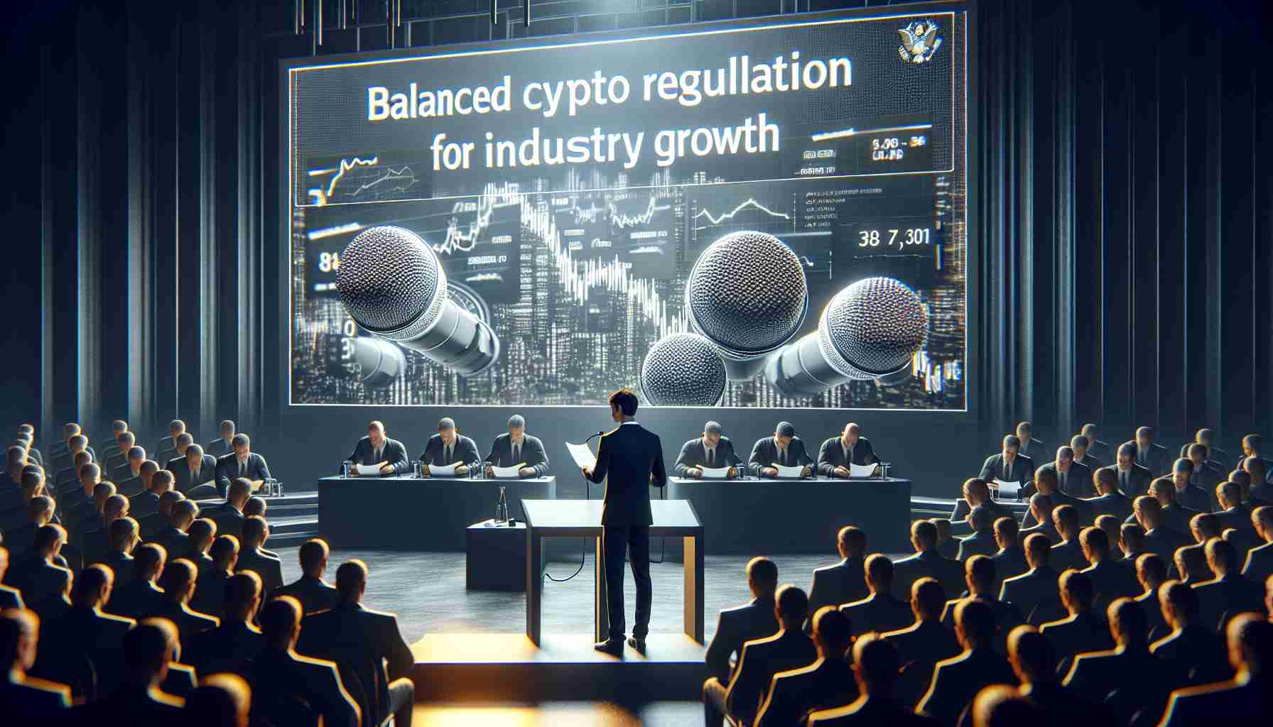 Realistic HD image representation of a well-known cryptocurrency co-founder advocating for balanced regulation for industry growth. This image captures the essence of the speaker's passion about the topic, without containing any specific information about their identity. The image should showcase a detailed conference setting, with a person standing at a podium pouring over notes, with a several microphones poised in front of them. A large screen behind displays the words 'Balanced Crypto Regulation for Industry Growth' as a title for the talk. The room also features dim lights and audience is shadowed in background.