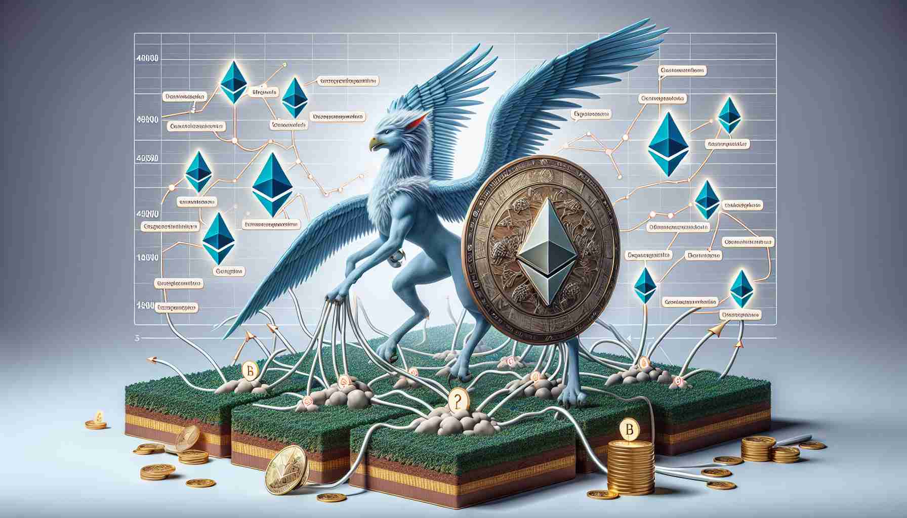 A realistic HD image representing the concept of a mythical harpy expanding the Ethereum Wallet Protection to layer 2 networks amid increasing adoption. The mythical creature should Carry a shield signifying protection and growth symbols to imply expansion. There should be some illustrated layer 2 networks with many connections and nodes indicating high usage. A surge wave or graph might visually represent soaring adoption.