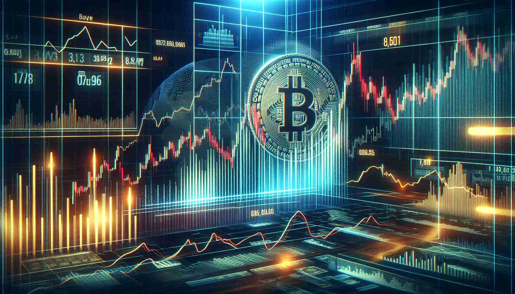 Generate a high-definition realistic image of a trading surge and market trends. It should depict the recent performance of a hypothetical cryptocurrency named 'Toncoin', with visuals such as line graphs charting the surge, candlestick graphs depicting market trends, and other key trading metrics and indicators. Please note 'Toncoin' is a generic name for a digital asset and does not refer to any specific real-world cryptocurrency.