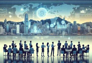 High-definition realistic illustration of Hong Kong evolving into a major market for cryptocurrency and digital securities. The image might include representations of Hong Kong's iconic skyline, possibly with visual elements that symbolize the blockchain or digital currency. There might be several people of diverse descents such as Caucasian, Black, Middle-Eastern and Hispanic men and women appearing to be discussing in front of digital screens with crypto charts and graphs.