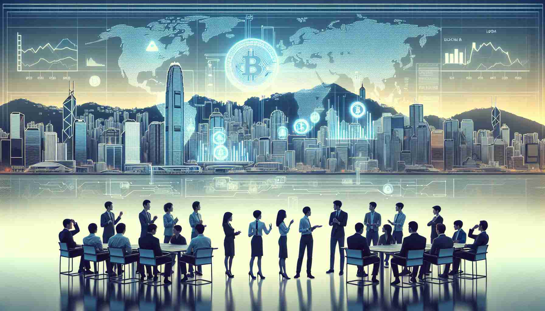 High-definition realistic illustration of Hong Kong evolving into a major market for cryptocurrency and digital securities. The image might include representations of Hong Kong's iconic skyline, possibly with visual elements that symbolize the blockchain or digital currency. There might be several people of diverse descents such as Caucasian, Black, Middle-Eastern and Hispanic men and women appearing to be discussing in front of digital screens with crypto charts and graphs.