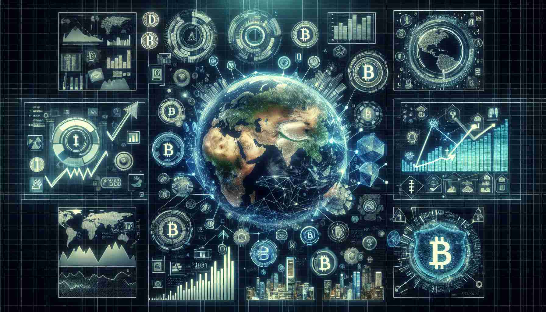 Generate a realistic and high-definition image portraying the booming growth of the Global Fintech Blockchain Sector predicted by 2031. This scene should comprise of a digital globe showcasing different financial technological areas connected through visible blockchain technology. Use various iconographic elements such as graphs showing upward trends, digital coins, binary codes, data streams, financial symbols, futuristic cityscapes, and digital networks. Incorporate an overlying 2031 date stamp to symbolize the projected timing. Keep the coloring scheme modern and tech-inspired, with shades of blue, green, and metallic tones.