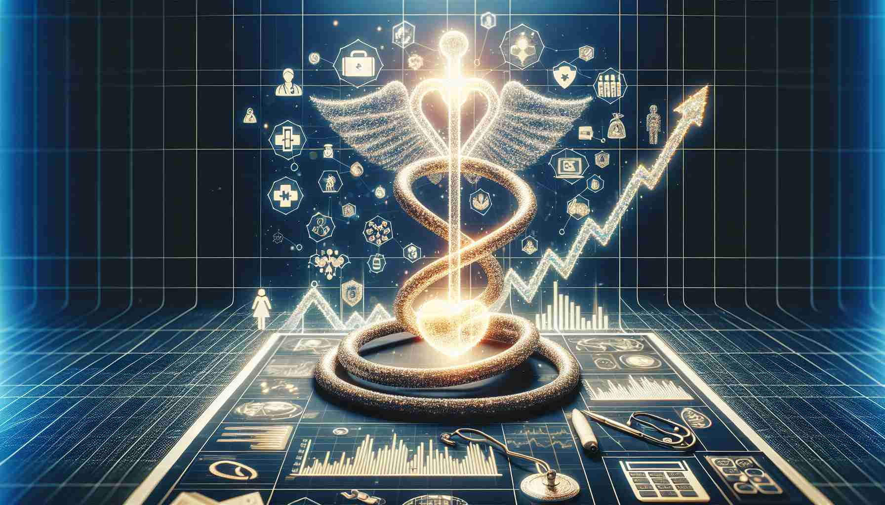 Generate a highly detailed, realistic image depicting the exponential growth anticipated in the blockchain technology applied to the healthcare sector. Include symbols of health and wellness, such as a hospital or medical symbols, intertwined with imagery representing blockchain, such as a chain or blocks, all progressing upward. Include a chart or graph in the foreground displaying a sharp upward trend to illustrate the predicted growth.