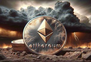 Creative rendering of a physical Ethereum coin looking weathered and worn out, with visible signs of scratches and scuffs. In the background, there are ominous storm clouds gathering, reflecting the idea of a market falling or downtrend. The image should be in high definition and realistic style, focusing on the coin's details and the mood-setting background.