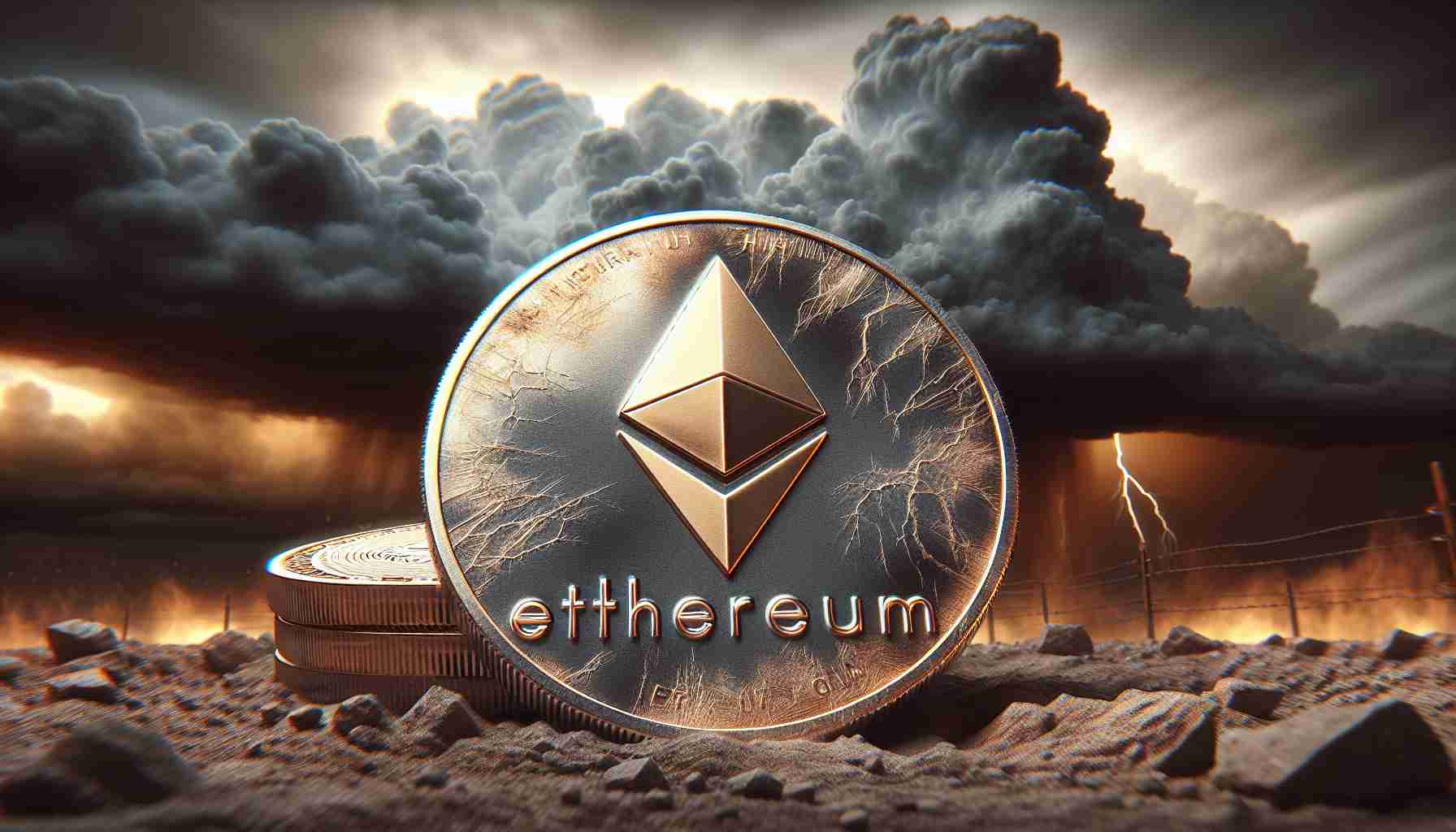 Creative rendering of a physical Ethereum coin looking weathered and worn out, with visible signs of scratches and scuffs. In the background, there are ominous storm clouds gathering, reflecting the idea of a market falling or downtrend. The image should be in high definition and realistic style, focusing on the coin's details and the mood-setting background.