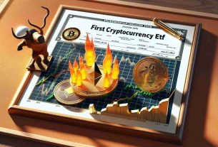 An ultra-high definition, photorealistic image of a symbolic representation of the resurgence of the cryptocurrency market, with digital coins like Bitcoin and Ethereum illustrated as rising flames on a blender graph. Nearby, there's a certificate pinned to a cork board to represent a landmark Exchange-Traded Fund (ETF) listing, with significant gilded detailing, and a white, bold print saying 'First Cryptocurrency ETF'.