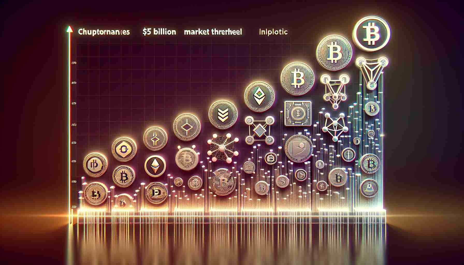 A realistic, high-definition image of an illustrated graph with various altcoins represented. The graph should have a distinct separation line, signalling the $5 billion market threshold. Each altcoin symbol should be placed according to its respective value, some below and some breaking through that threshold. Implement a futuristic digital aesthetic to symbolize the emergent nature of these cryptocurrencies. Please do not use real logos or names of existing cryptocurrencies, instead come up with fictional ones.