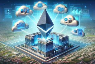 Realistic HD photo of the concept of a large corporation embracing the use of Ethereum for future financial products. The image could depict a symbolic giant corporation building, styled in modern architecture, with the Ethereum logo prominently displayed on it. Surrounding the building, visual representations of future financial products (like digital wallets, trade transactions, digital contracts) are emerging from the Ethereum logo.