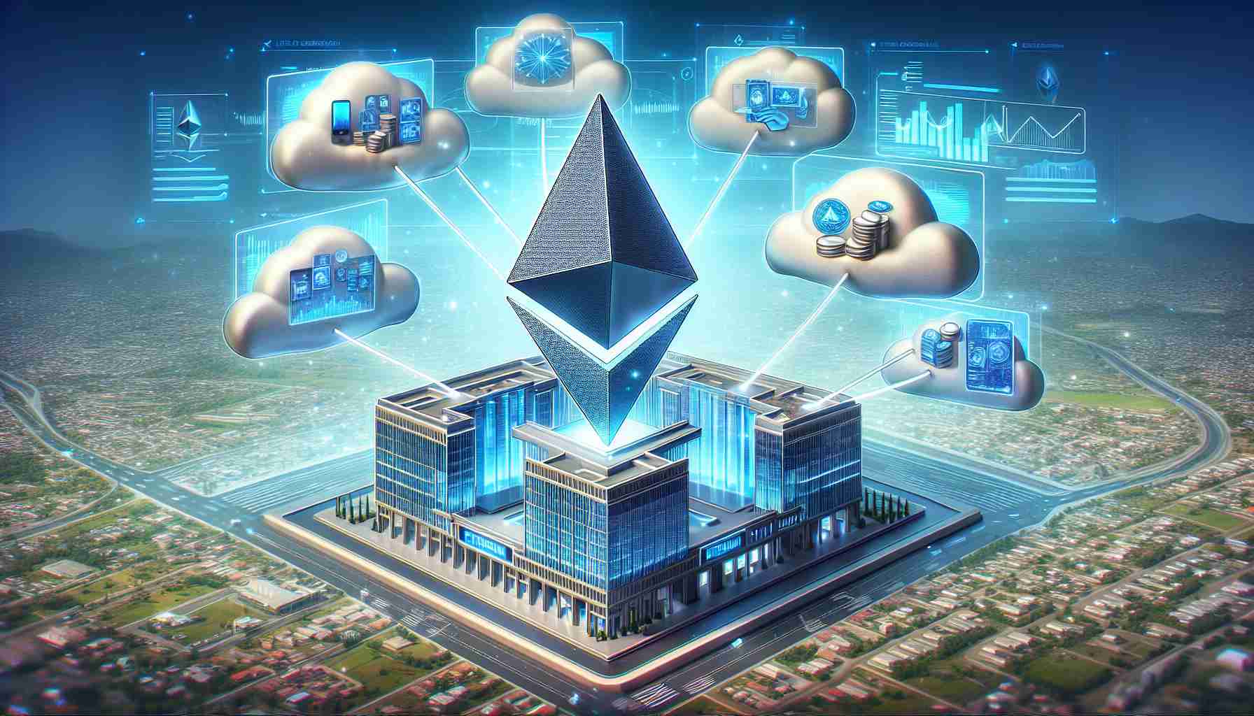 Realistic HD photo of the concept of a large corporation embracing the use of Ethereum for future financial products. The image could depict a symbolic giant corporation building, styled in modern architecture, with the Ethereum logo prominently displayed on it. Surrounding the building, visual representations of future financial products (like digital wallets, trade transactions, digital contracts) are emerging from the Ethereum logo.