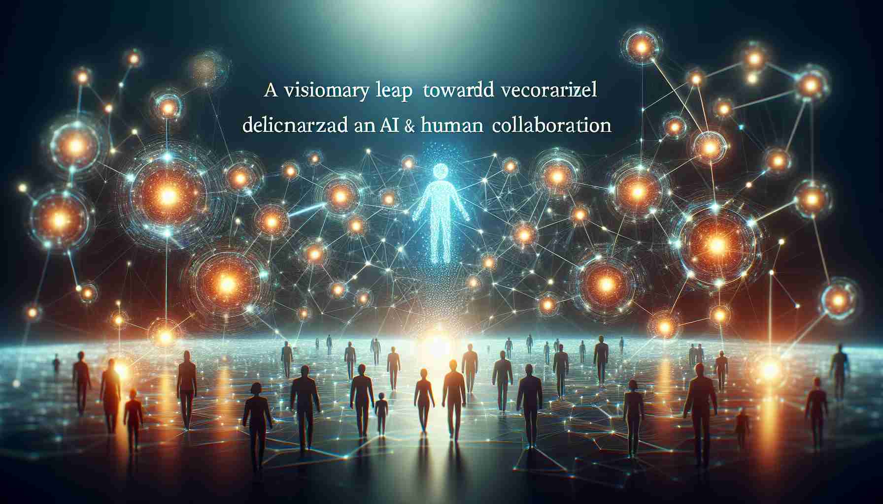 Create an HD realistic image that portrays the visionary leap towards decentralized AI and human collaboration. This image could include a connective network of artificial intelligence nodes disposed in a decentralized manner, with human silhouettes interacting with them, symbolising the synergy between mankind and AI. Perhaps some nodes are glowing to indicate active data exchange, the background can be futuristic, with technological aesthetics and the title, 'Autonomys: A Visionary Leap towards Decentralized AI and Human Collaboration', floating in the image as text.