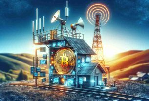 Generate a high definition, realistic image of a traditonal mining setup with modern technology inside, overlaid by the symbolic representation of Bitcoin to signify cryptocurrency mining. Also include a prominent signal tower in the background, symbolizing wireless communication and web3 adoption.