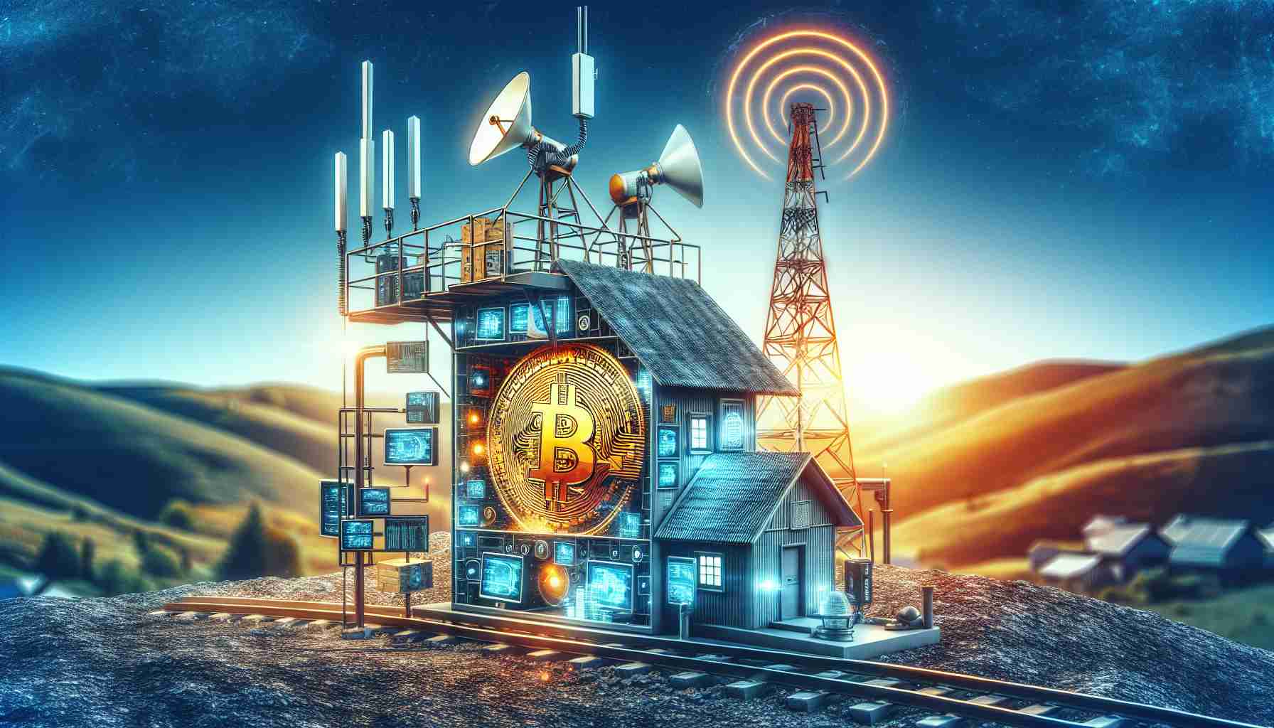 Generate a high definition, realistic image of a traditonal mining setup with modern technology inside, overlaid by the symbolic representation of Bitcoin to signify cryptocurrency mining. Also include a prominent signal tower in the background, symbolizing wireless communication and web3 adoption.