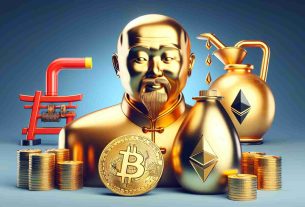 Render a high-definition realistic photo of a giant symbolic figure representing Chinese banking, equating Bitcoin to digital gold and Ethereum to digital oil. The figure should be surrounded by virtual images of Bitcoin and Ethereum, and these images should be metaphorically represented. The bitcoins should look like shiny golden coins while the Ethereum should take a shape of a liquid which symbolizes oil and appears digital.