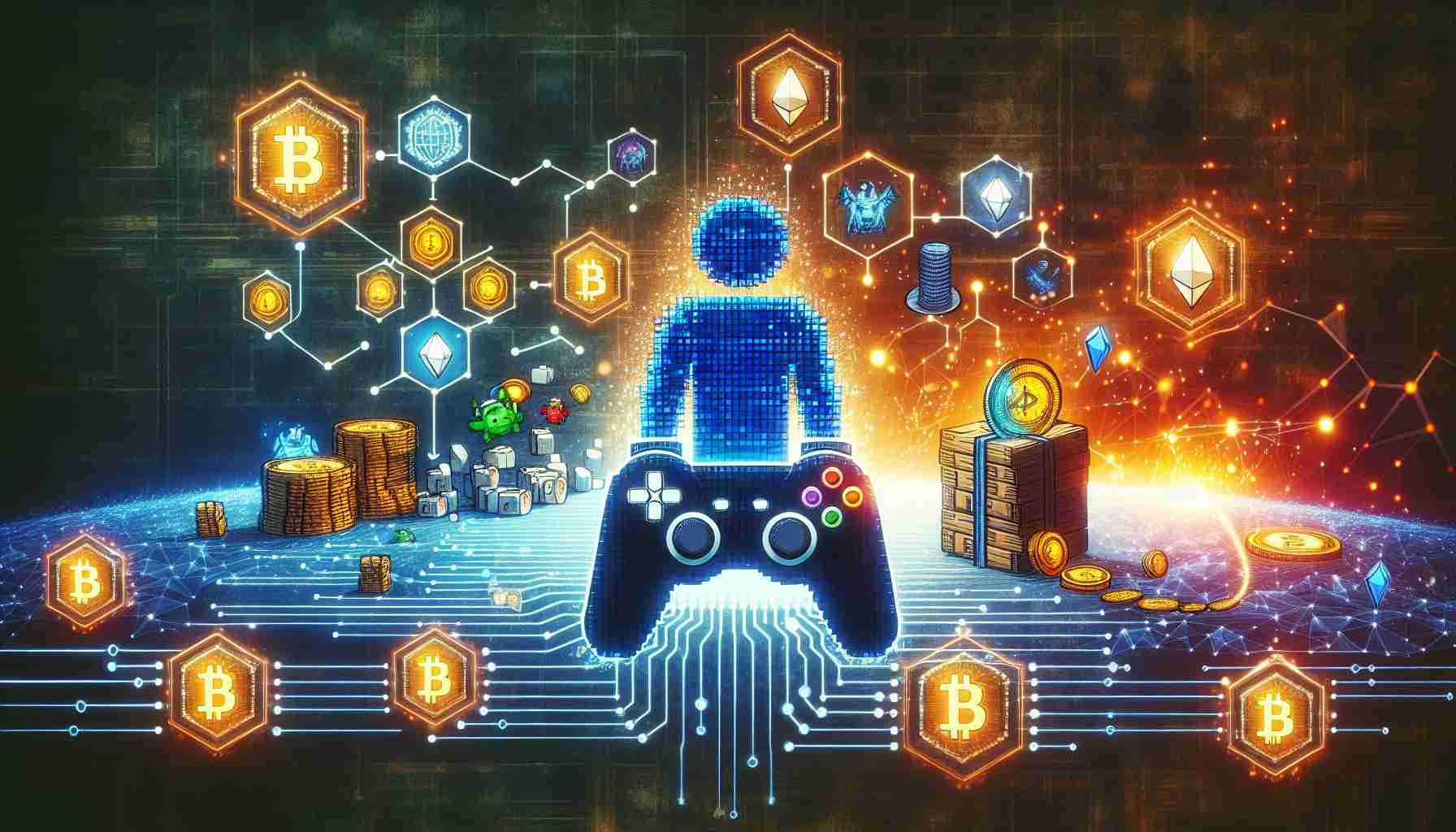 A high-definition illustration displaying the growing influence of blockchain technology in the gaming industry. The image should depict symbols typical to both, such as a pixelated gaming controller and a symbolic representation of a blockchain, like interconnected blocks or chains. Additionally, it could include elements like virtual coin icons to represent cryptocurrency or a digital world to depict the blending of these two sectors.