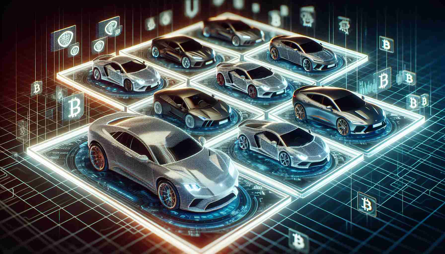 An ultra-high-definition image showing the concept of luxury car investment, transformed by the use of Non Fungible Tokens (NFTs). The image captures a digital platform interface featuring several luxurious, high-end cars available for investment. The platform showcases each car as an NFT, with detailed specifics of the cars distinctly visible. Also incorporated in the design are blockchain-related symbols, to reflect the use of NFTs in the transaction and investment process.