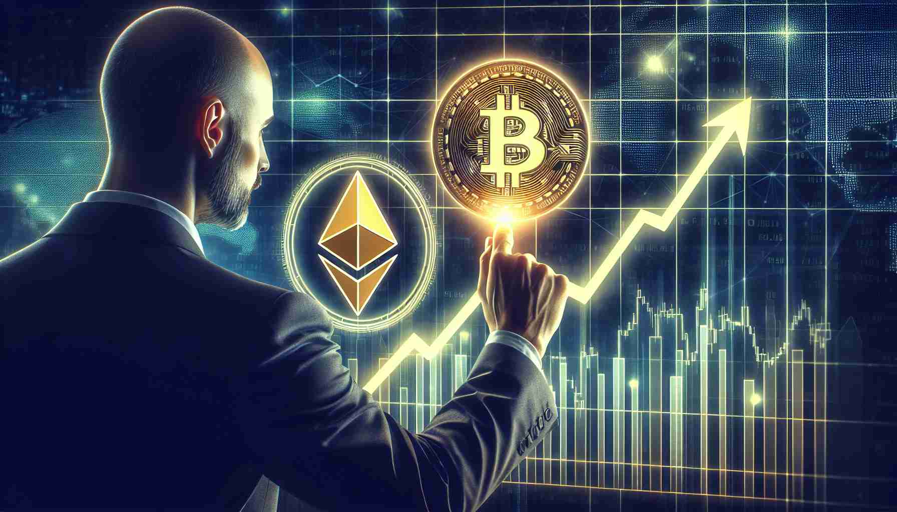 Create a high-definition, realistic illustration presenting the cryptocurrency symbols for Bitcoin and Ethereum, ascending on a growth graph, indicating remarkable expected growth by the end of the year. This forecast is predicted by the fictional character of a company CEO, representing a key figure in a financial industry.