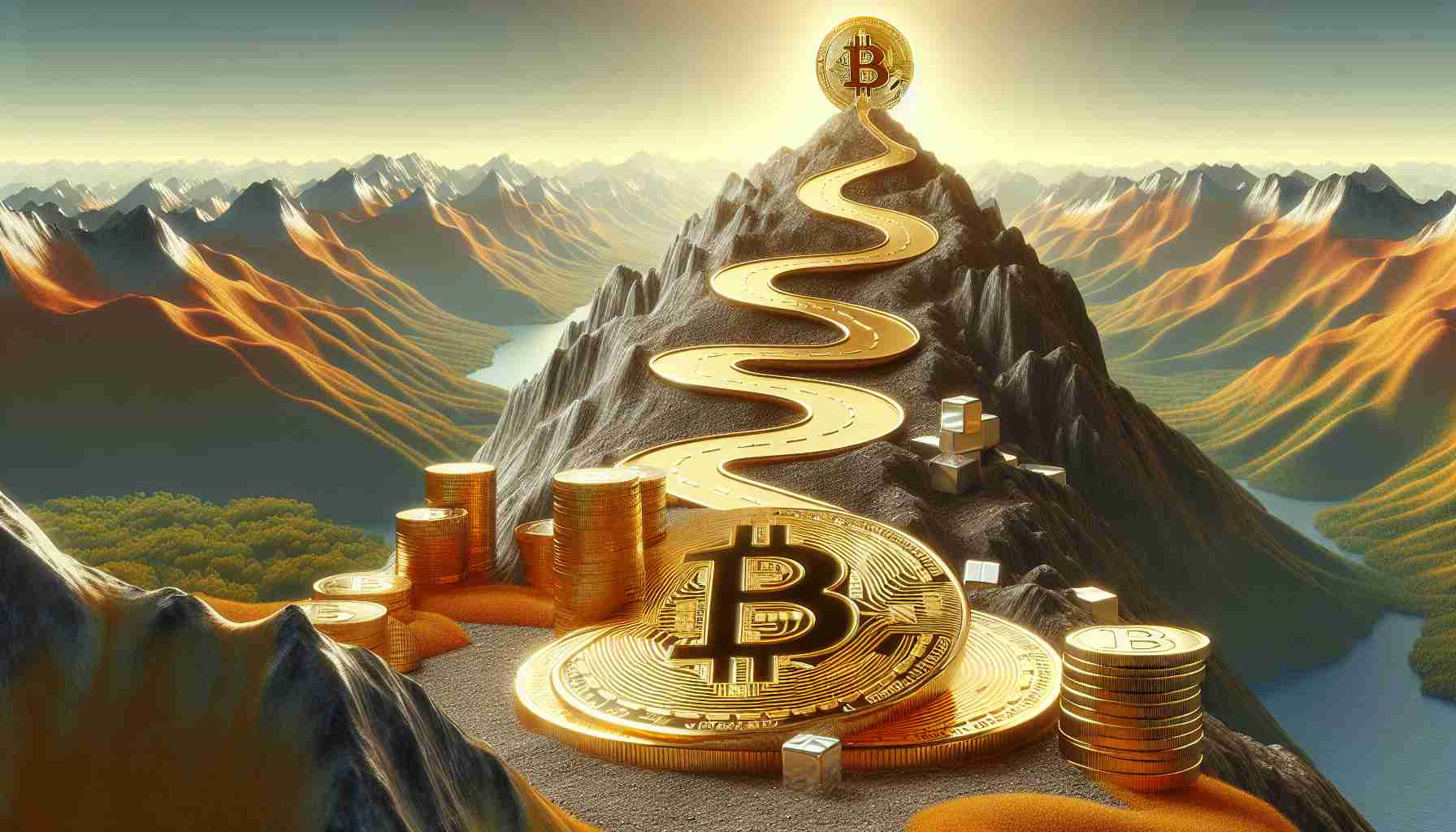 A realistic, high-definition image of the concept of a millionaire's path via Bitcoin, as suggested by a renowned financial educator. The path is symbolically represented as a golden road leading to a mountain peak, perhaps a pile of shiny Bitcoins. No human figures are included, just symbols and landscapes to convey the essence of financial independence via cryptocurrency.