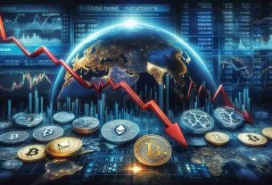 A highly detailed and realistic image depicting the decline in cryptocurrency values amidst a backdrop of global market uncertainty. The scene features a downward trending graph with various cryptocurrencies such as Bitcoin, Ethereum, and Litecoin. The backdrop shows a globe overlaid with financial symbols, representing the global markets. Additionally, there are news headlines about market uncertainty distributed around the image.