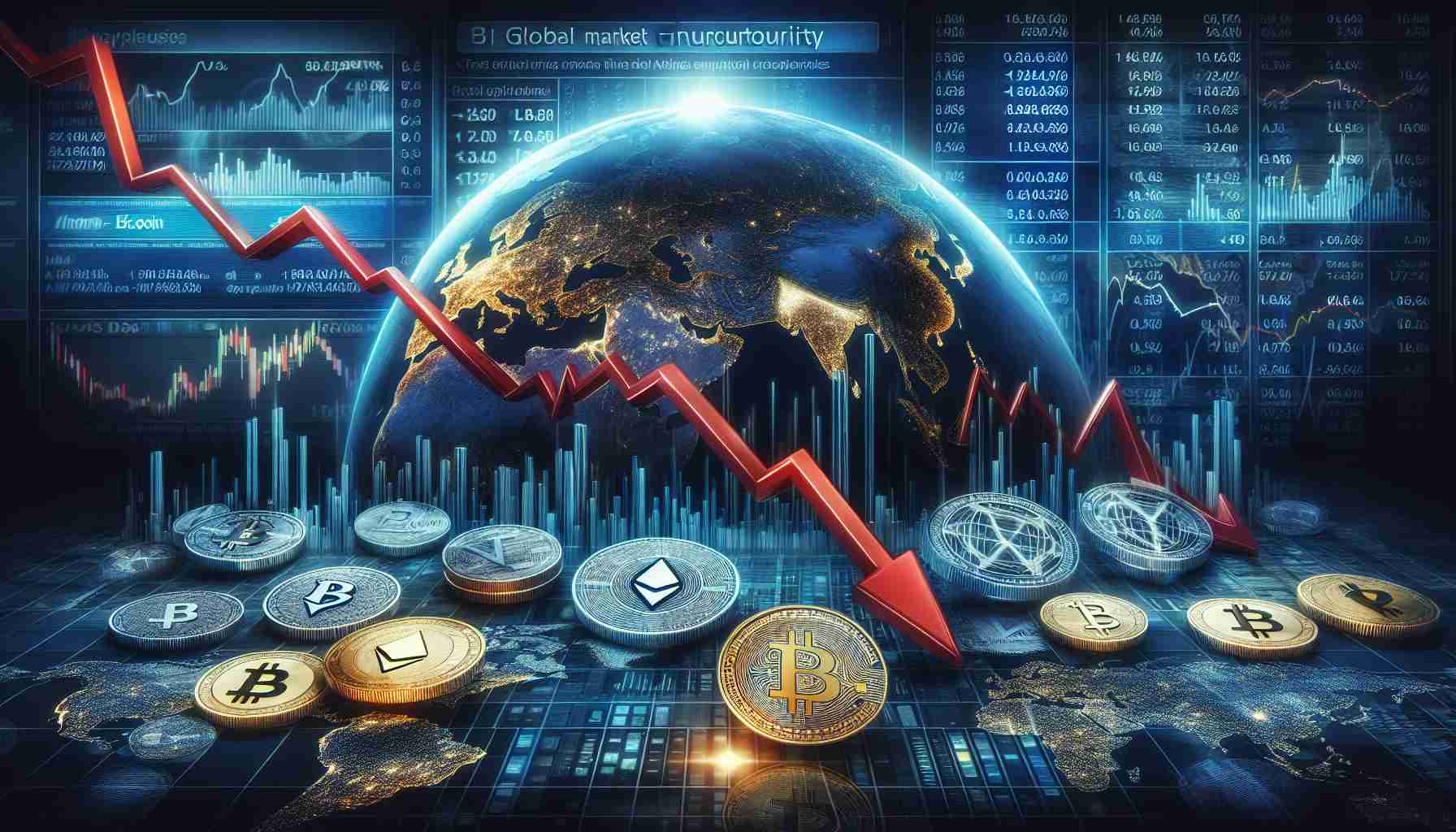 A highly detailed and realistic image depicting the decline in cryptocurrency values amidst a backdrop of global market uncertainty. The scene features a downward trending graph with various cryptocurrencies such as Bitcoin, Ethereum, and Litecoin. The backdrop shows a globe overlaid with financial symbols, representing the global markets. Additionally, there are news headlines about market uncertainty distributed around the image.