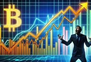 A high-definition photo illustration presenting an upward trend line on a chart, depicting the increasing price of Bitcoin. The concept of short sellers feeling pressured is further illustrated by a silhouette of a man with a startled expression looking at the graph in a stressed state. The financial data is represented in vivid colors for emphasis.