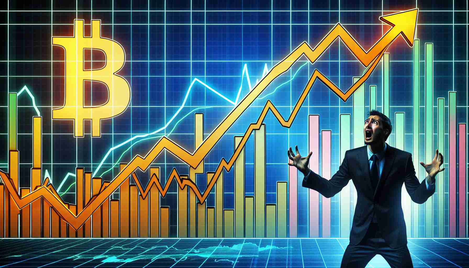 A high-definition photo illustration presenting an upward trend line on a chart, depicting the increasing price of Bitcoin. The concept of short sellers feeling pressured is further illustrated by a silhouette of a man with a startled expression looking at the graph in a stressed state. The financial data is represented in vivid colors for emphasis.