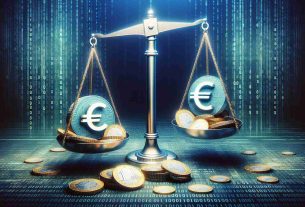 Create a realistic high definition image showcasing the ascension of Euro-based stablecoins in the digital asset sphere. Illustrate this concept metaphorically, with a balance scale where one side contains physical euros, representing traditional money, and the other side contains a symbol or icon representing Euro-based digital stablecoins, indicating their increasing weight in the digital asset space. The backdrop can be a binary code texture, symbolizing the digital world.