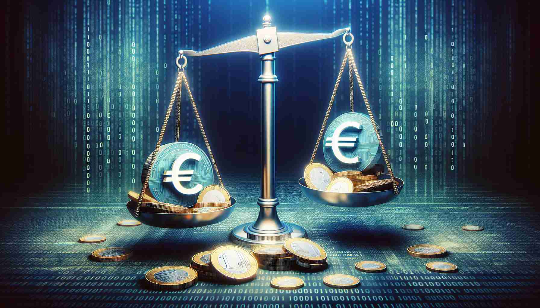 Create a realistic high definition image showcasing the ascension of Euro-based stablecoins in the digital asset sphere. Illustrate this concept metaphorically, with a balance scale where one side contains physical euros, representing traditional money, and the other side contains a symbol or icon representing Euro-based digital stablecoins, indicating their increasing weight in the digital asset space. The backdrop can be a binary code texture, symbolizing the digital world.