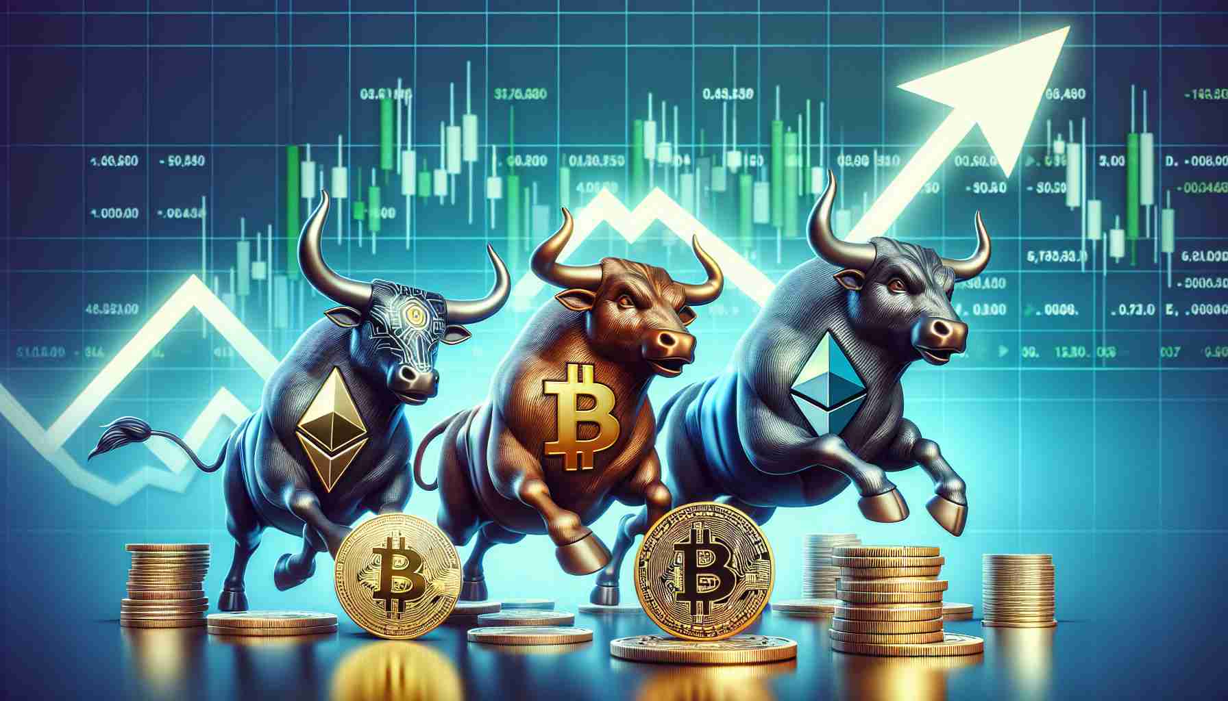 A highly detailed and realistic digital image depicting the top cryptocurrencies showing bullish potential. The image should prominently feature symbolic bull mascots incorporating elements or icons of top cryptocurrencies like Bitcoin, Ethereum, and Litecoin. These mascots charge forward against the backdrop of a stock market graph going upwards indicating favorable performance or high potential for growth. Next to each mascot, there should be a text overlay that reads, 'Bullish Potential', to signify the positive market analysis.