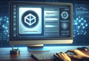 Generate a high definition, realistic image of the LayerZero Foundation's token airdrop process, focusing on an eligibility tool. Display a computer or laptop showcasing the distribution software, with the LayerZero Foundation's symbol prominently displayed on the screen. The tool should appear user-friendly with simple interfaces like buttons and progress bars. Add background elements to convey a professional and technological environment, such as charts showing token metrics, flowing lines of code, or abstract digital artwork.