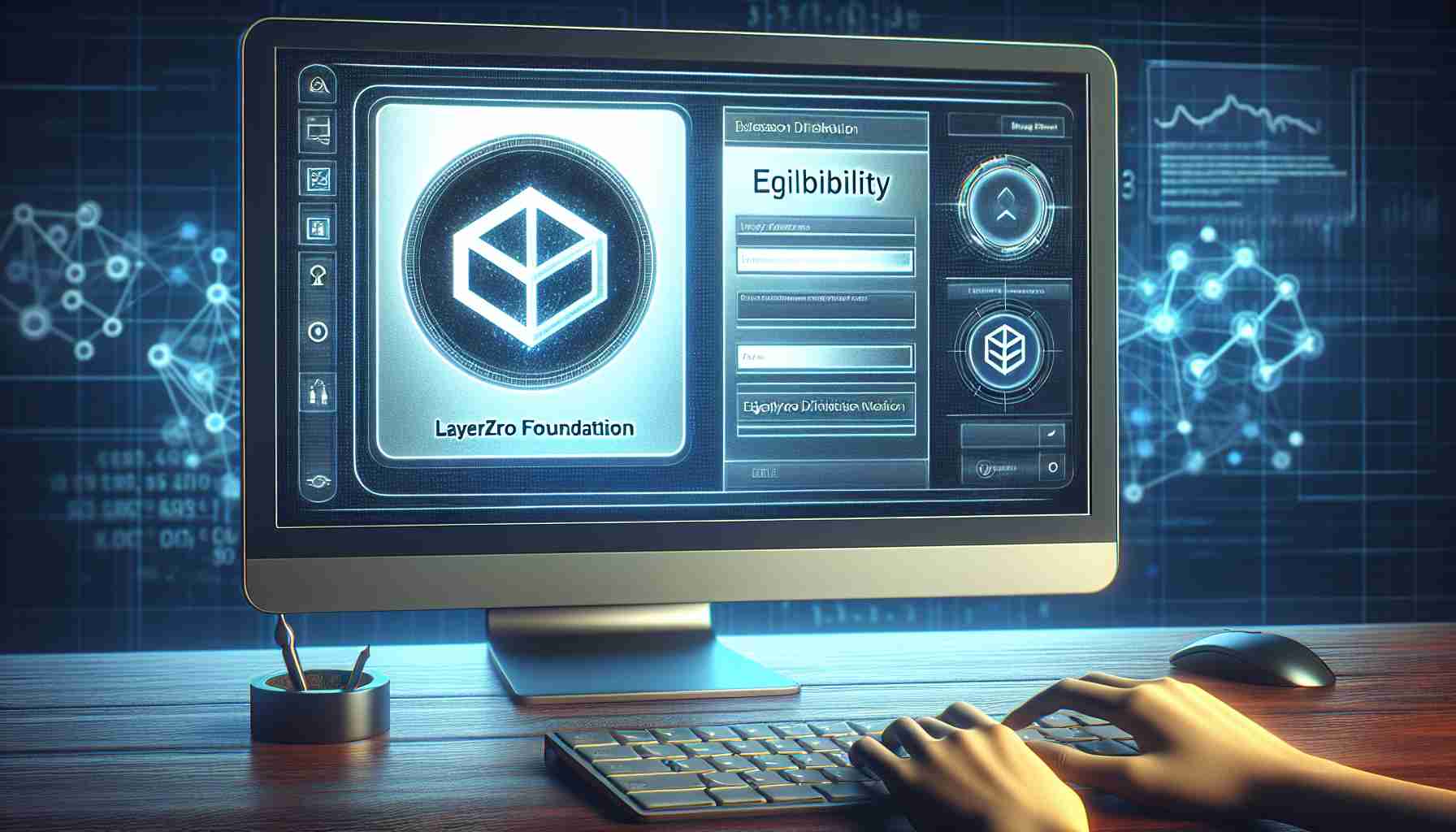 Generate a high definition, realistic image of the LayerZero Foundation's token airdrop process, focusing on an eligibility tool. Display a computer or laptop showcasing the distribution software, with the LayerZero Foundation's symbol prominently displayed on the screen. The tool should appear user-friendly with simple interfaces like buttons and progress bars. Add background elements to convey a professional and technological environment, such as charts showing token metrics, flowing lines of code, or abstract digital artwork.