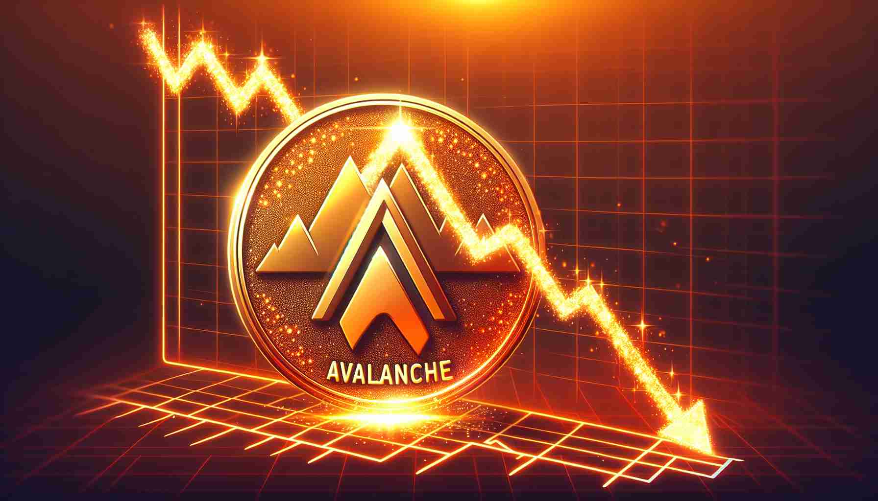 Generate a realistic high-definition image representing a DeFi token named Avalanche going through a significant price drop. This could be illustrated by showing a digital, sparkling token placed on a downhill slope or a dip in a graph line that sharply plunges downward. Use warm shades of orange for the Avalanche token in order to represent its identity.