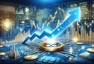 Realistic high-definition illustration displaying the concept of a bullish surge in the price of XRP cryptocurrency, represented by an arrow pointing upwards, alongside a background of economic indicators and technology-based symbols that reflect market developments.