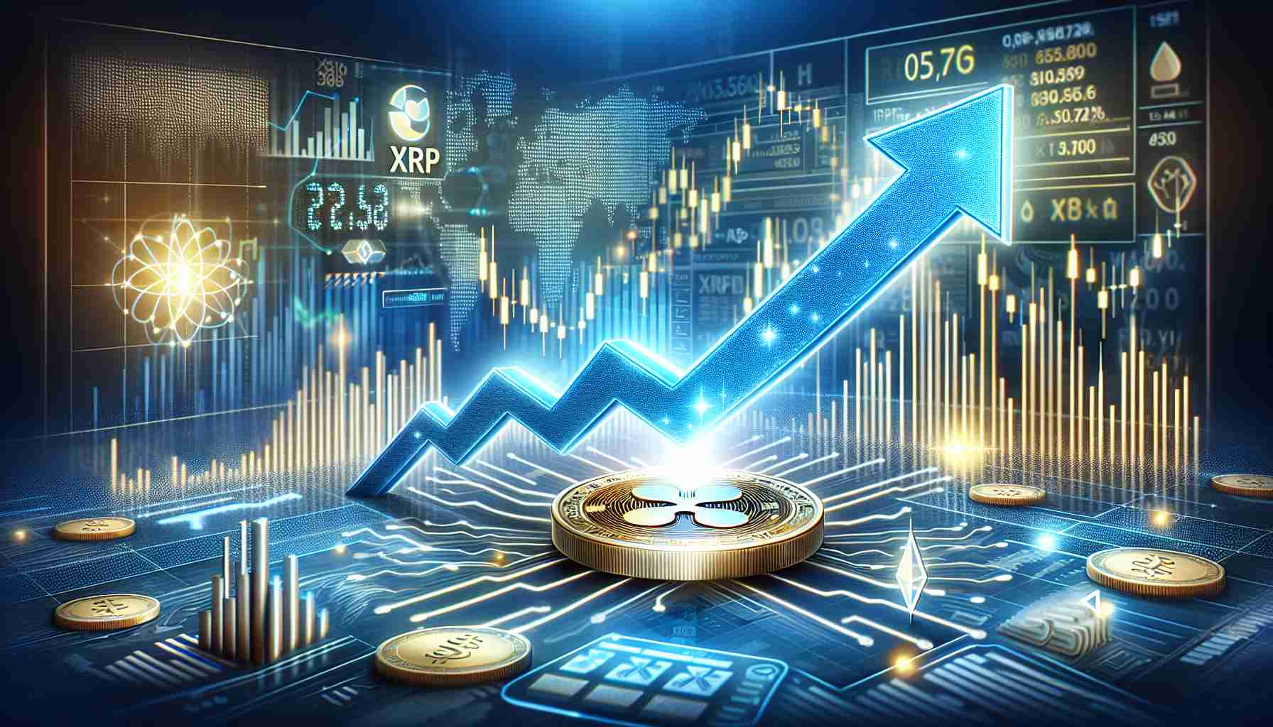 Realistic high-definition illustration displaying the concept of a bullish surge in the price of XRP cryptocurrency, represented by an arrow pointing upwards, alongside a background of economic indicators and technology-based symbols that reflect market developments.