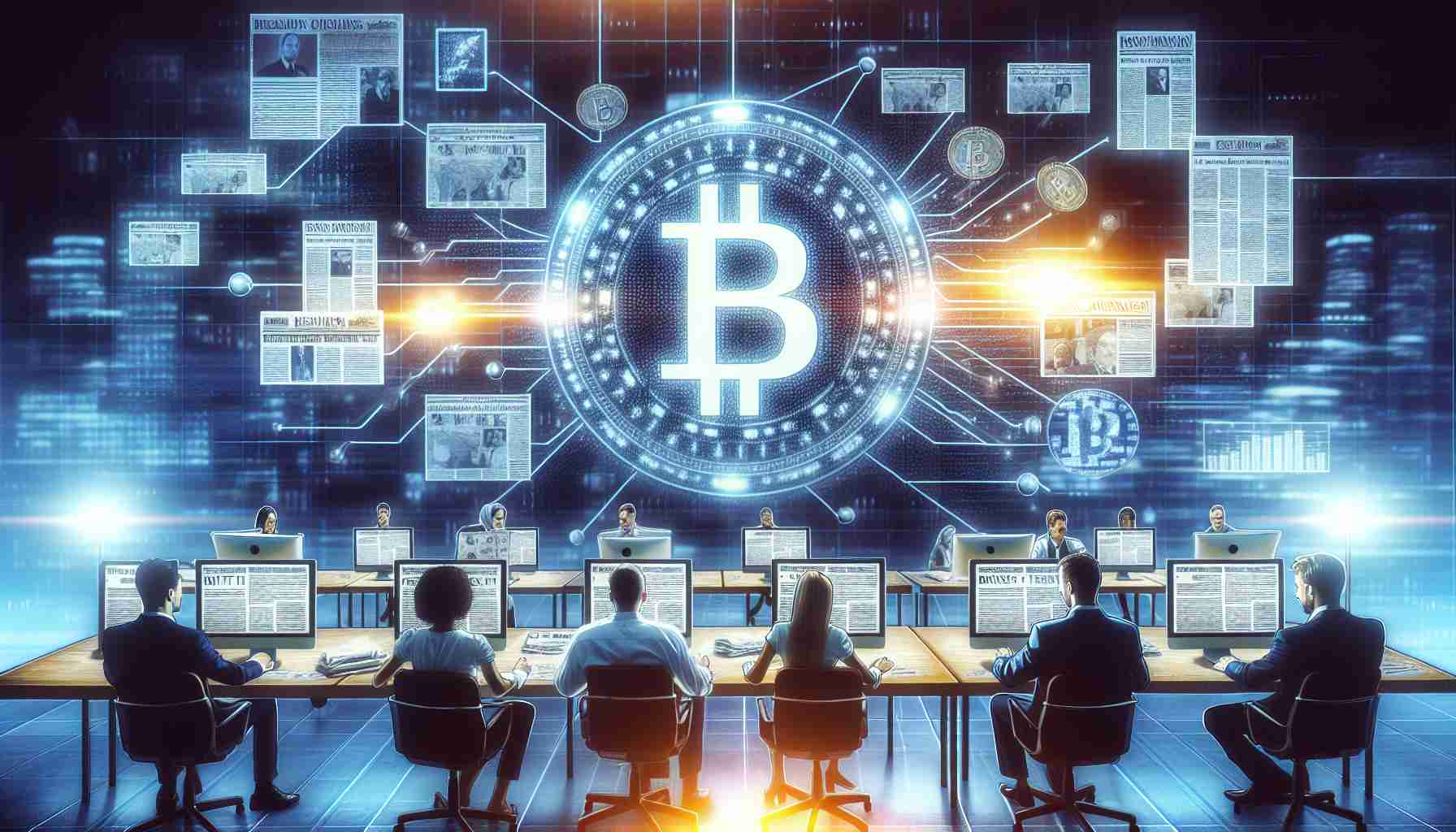 High definition image portraying the concept of empowering journalism through blockchain technology. Picture could feature a digital blockchain symbol glowing in the background, with a newspaper in the foreground. On the newspaper headline and articles, show elements of integrity and truth. Illustrate journalists of various descents and genders keenly working in a modern, digital-savvy workspace equipped with computers showing blockchain-related data.