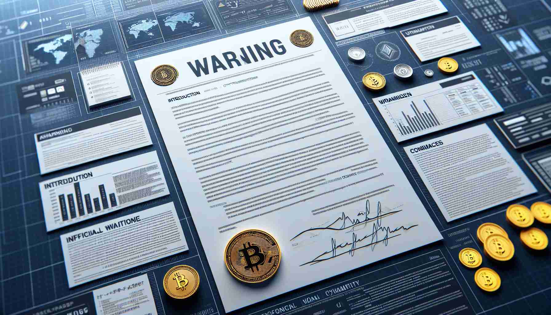 Create a realistic HD image of a formal notice or warning document, with official seals and markings, issued by a financial regulatory authority. This warning should indicate that it's addressed to a cryptocurrency exchange that's operating without proper registration or licensing. The document contains multiple sections including the introduction, reason for the warning, official notice, and consequences. The overall visual theme and design of the document should be similar to the one used by Japanese financial regulatory documents.