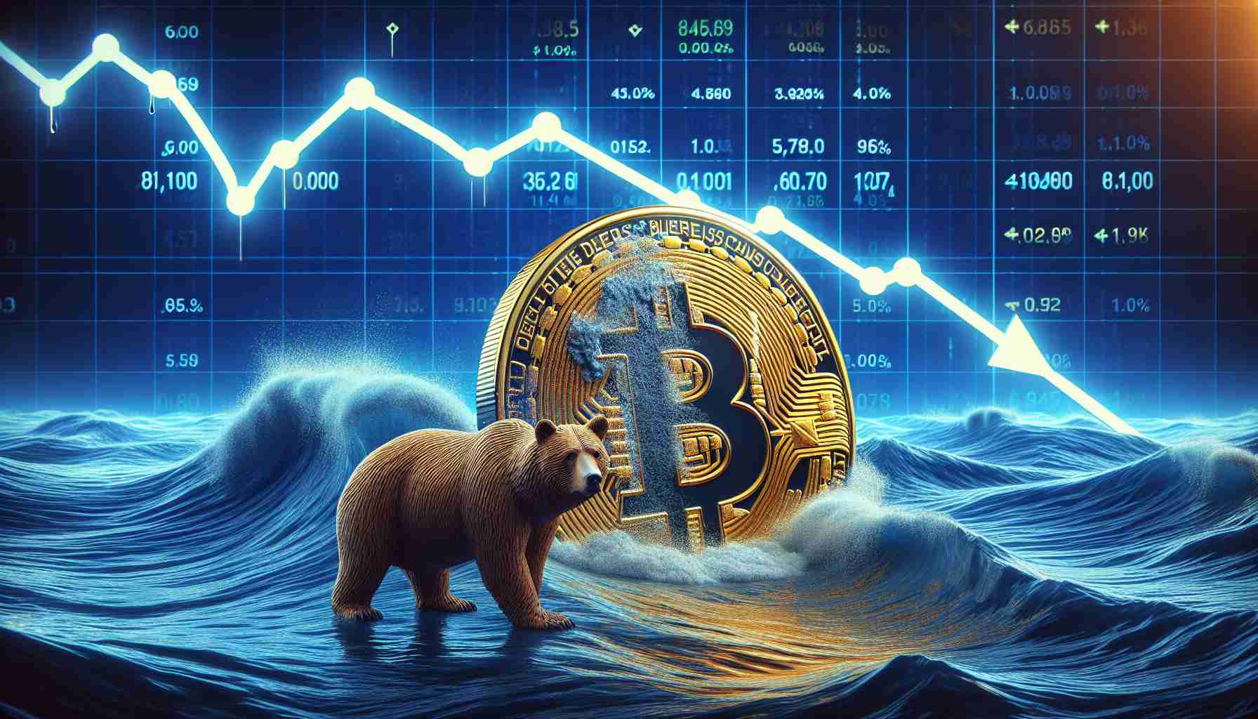 A high-definition, realistic image representing recent cryptocurrency trends. The concept is centered around the market turning bearish (depicted as a bear figure) as a result of a dip in Bitcoin. Visualize a stock-market style line chart dominated by a falling trend line, signifying a decline. A gold Bitcoin coin could be depicted that has part of it submerging into a sea of digital data waves, symbolizing the 'dipping' of Bitcoin, while a bear figurine stands on the shore, watching the scene.