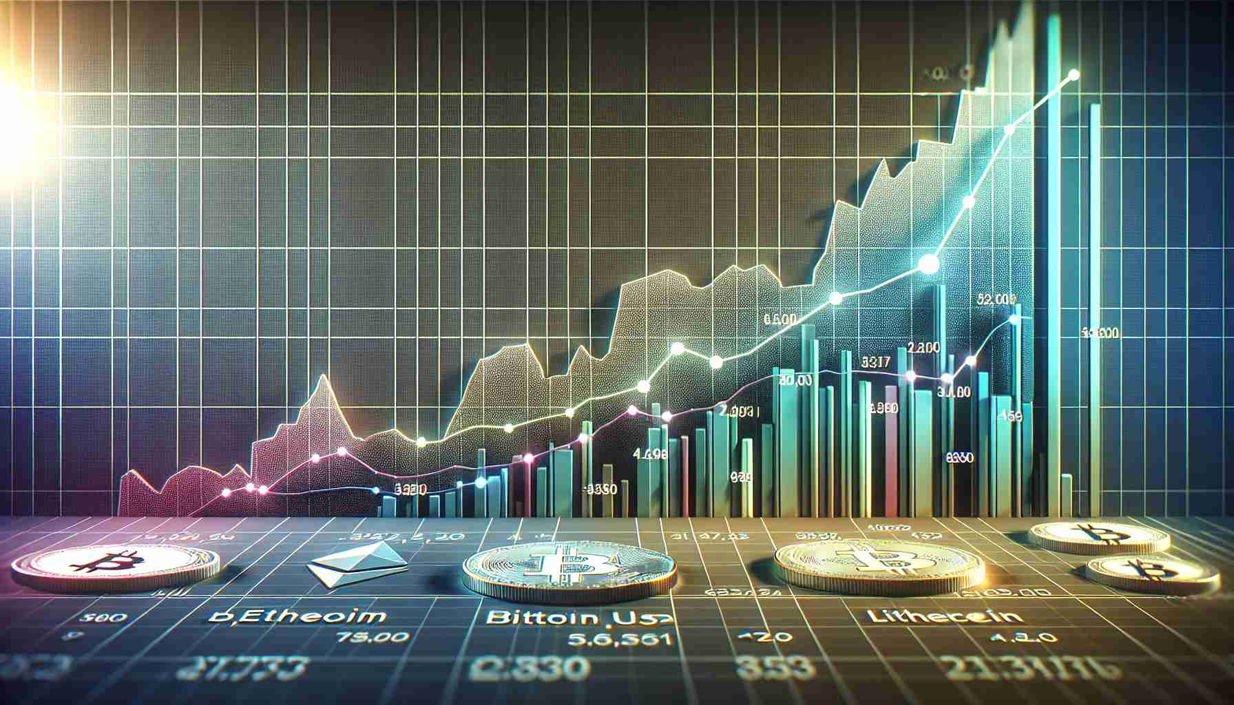 A high-definition, realistic illustration of an upward trending graph signifying a gradual recovery observed in the ratings of cryptocurrencies. The graph should show a slow but steady rise in scores, contrasting against a lighter background. Various types of cryptocurrencies such as Bitcoin, Ethereum and Litecoin are represented via different colored lines. Numbers shown are consistently increasing, demonstrating the gradual improvement. The setting should convey a serious, professional atmosphere, typical of a financial analysis environment.