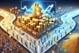 Realistic image visualizing a critical decision point for Bitcoin: A pathway splitting into two, one leading to a rally scene with increasing growth charts and enthusiastic individuals celebrating, the other leading to an accumulation scene with coins being gathered and stacked into a large heap.